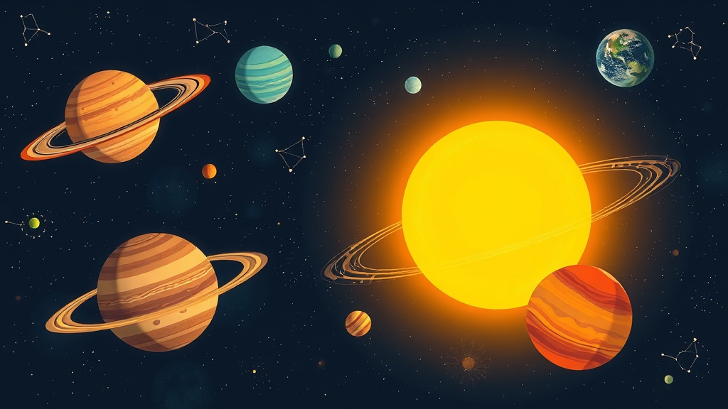 Uma ilustração vibrante e misteriosa do nosso sistema solar, com planetas de diferentes tamanhos e cores orbitando o sol, e algumas curiosidades visuais sutis como uma pequena sonda espacial ou uma constelação de fundo.