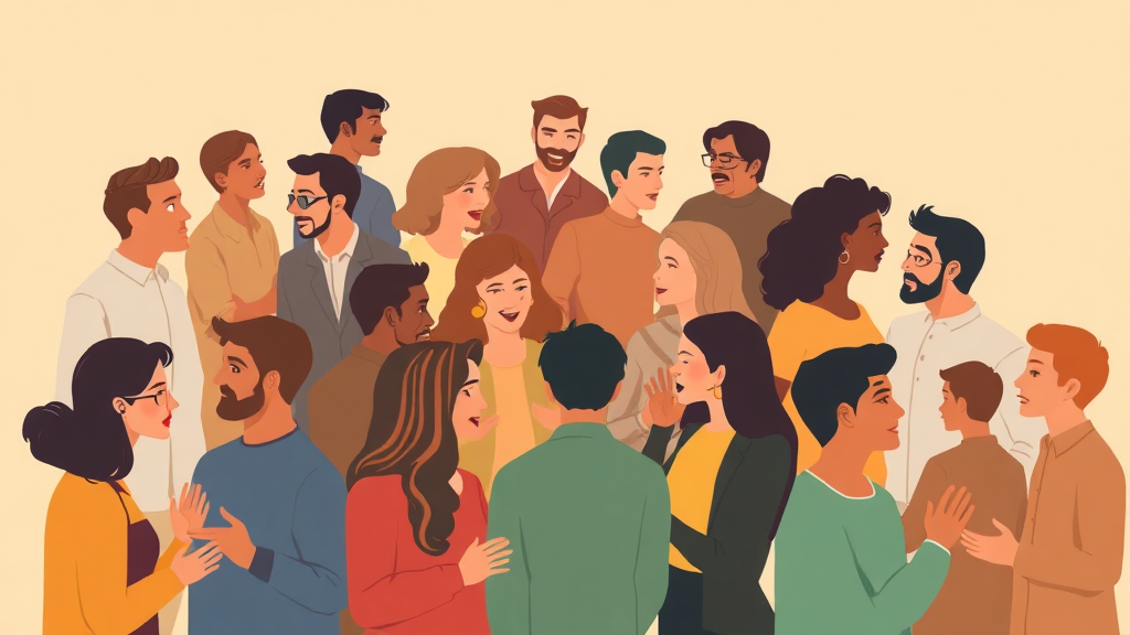 Grupo diverso de pessoas interagindo em diferentes cenários sociais, simbolizando comportamento humano e relacionamentos.